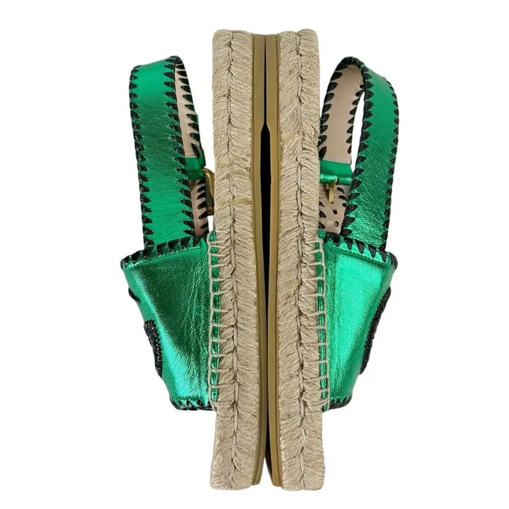 GUCCI Pilar Embroidered Double G Slingback Metallic Green Espadrille Sandals - Picture 4 of 11